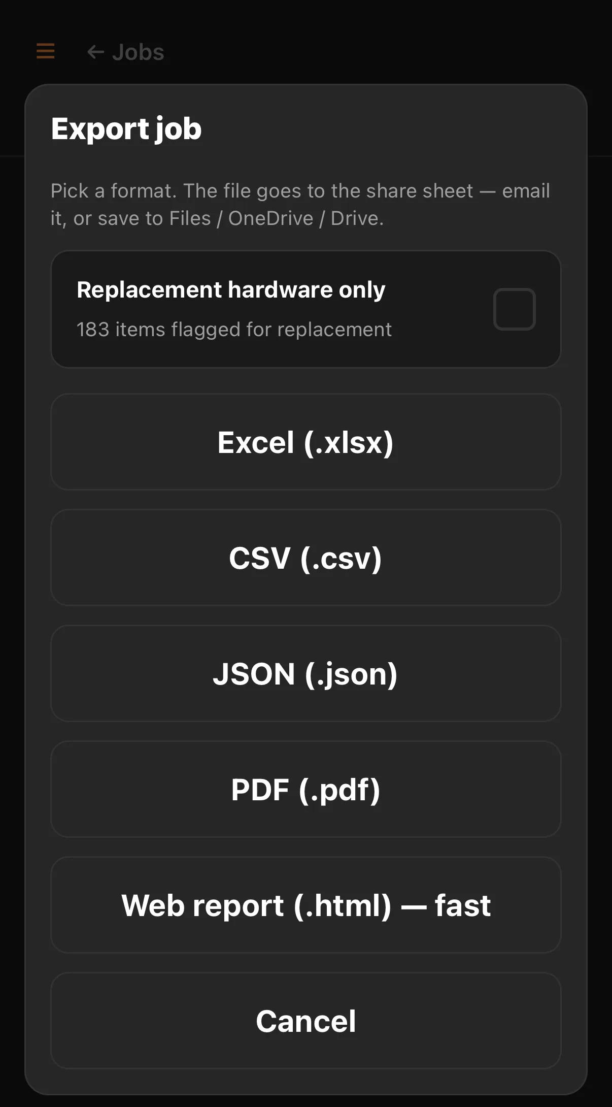 The ReFitIQ export sheet: 183 items flagged for replacement, exportable as Excel, CSV, JSON, PDF or a web report.