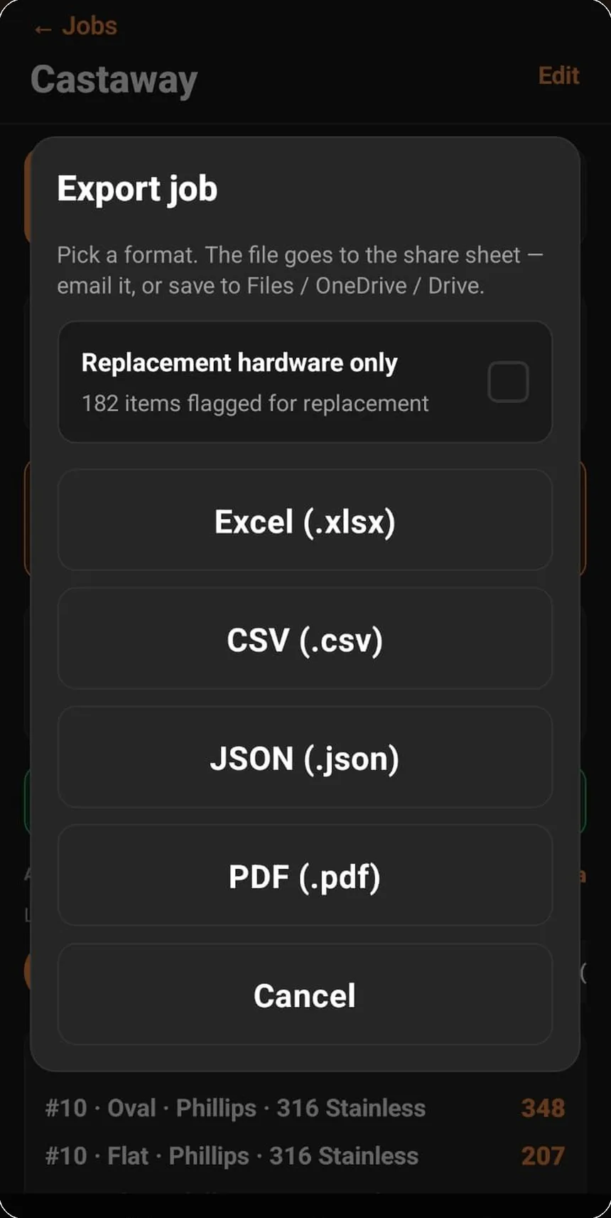 The ReFit export screen offering Excel, CSV, JSON and PDF formats.