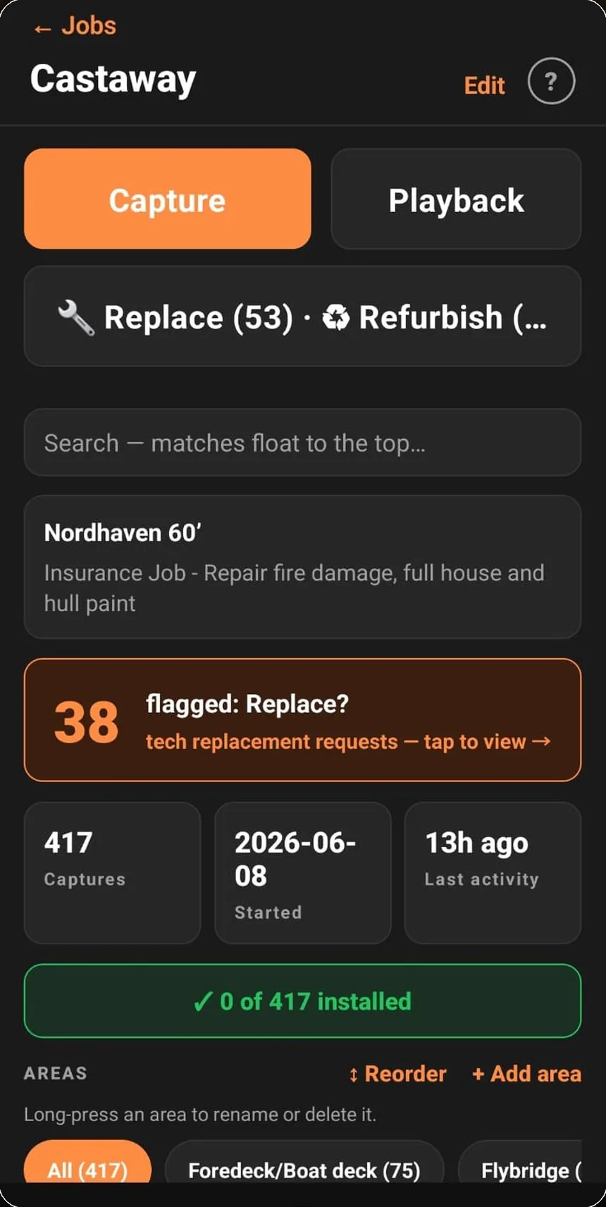 A ReFit job overview for the vessel Castaway showing capture counts and flagged items by area.