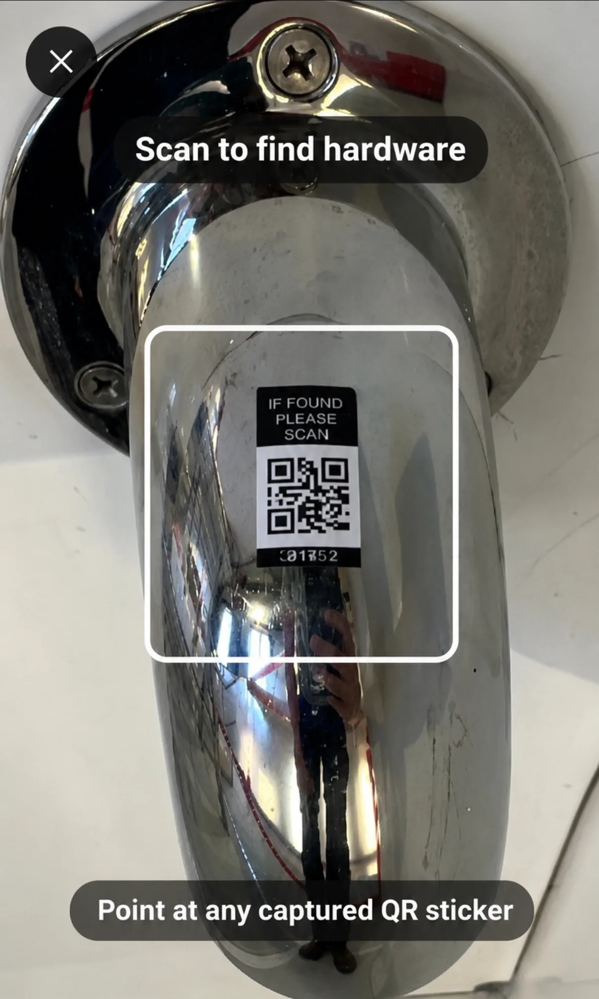 The ReFitIQ scanner aimed at a chrome fitting wearing an “IF FOUND PLEASE SCAN” QR sticker: “Scan to find hardware”, “Point at any captured QR sticker”.