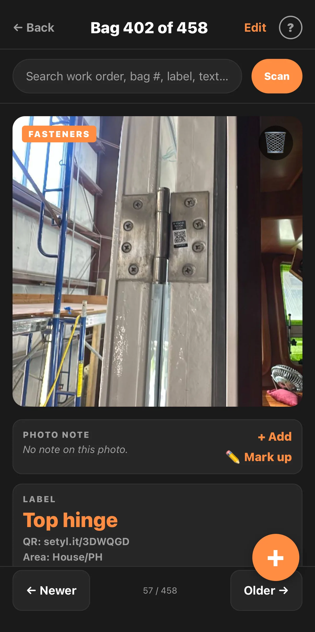 A ReFitIQ capture: a door hinge photographed in place on the boat with a QR sticker on it, tagged FASTENERS, with its label reading Top hinge, QR setyl.it/3DWQGD and Area House/PH.